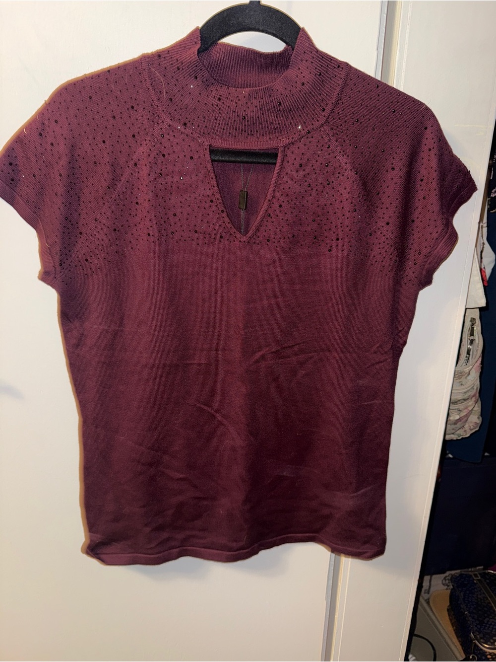 Cable & Gauge Short Sleeve Mock Neck Top in Burgundy